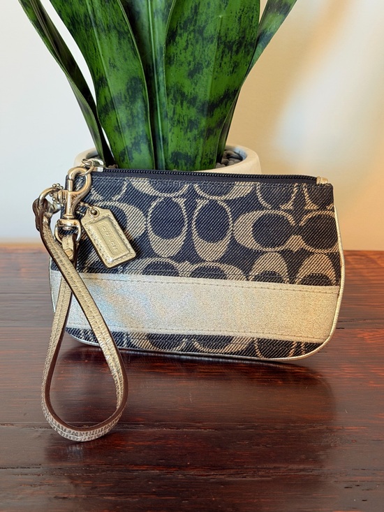 Coach Handbags - Coach Denim Signature Jacquard Wristlet with Silver Metallic
